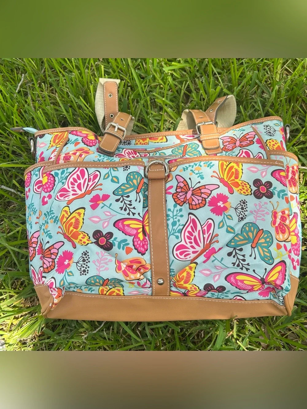 Lily Bloom Butterfly Print Tote in Blue, Pink & Tan